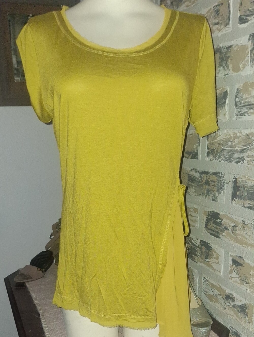 🌺Monoreno Mustard Yellow Short-sleeve Tunic  Asymmetrical Top